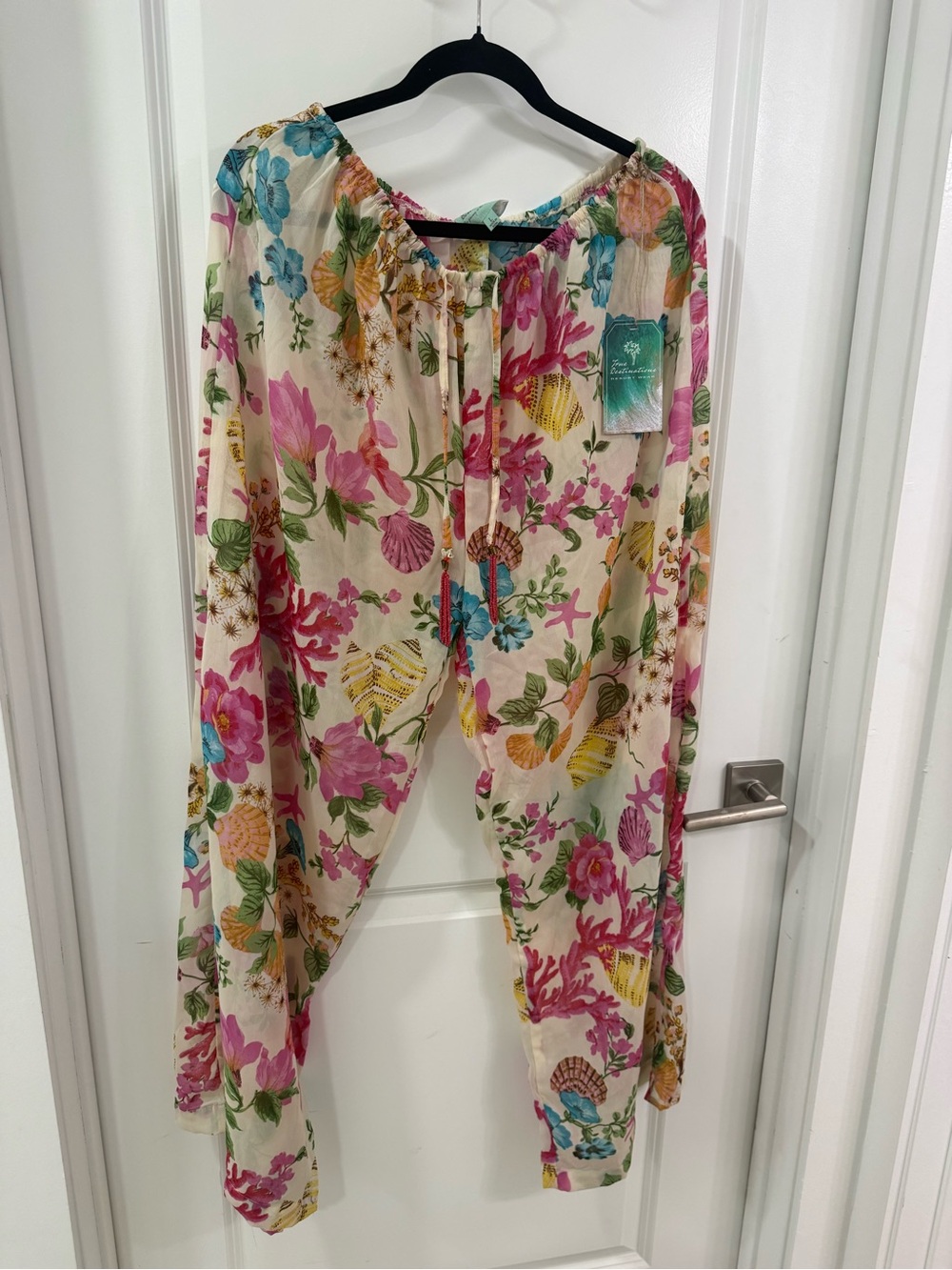 Floral Shell Print Women's Swim Coverup - Cream Pink Blue